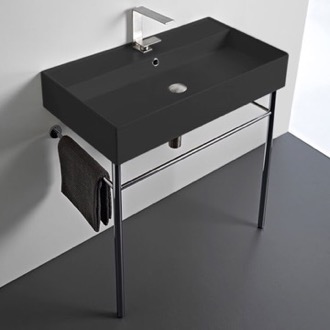 Console Bathroom Sink Matte Black Ceramic Console Sink and Polished Chrome Stand, 32